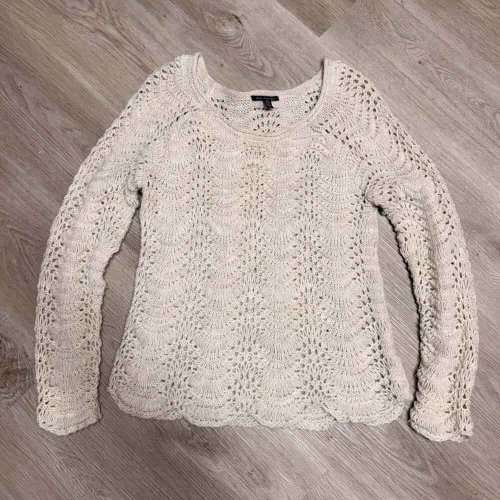 American Eagle Scalloped Crochet Open Knit Wool Blend Sweater Cream Size M